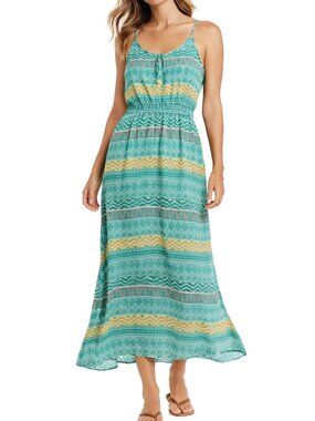 Dina Be Blue Green Geo Print Maxi Dress Sleeveless Elastic Waist M